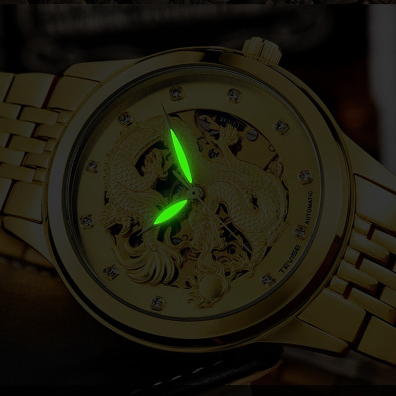 TEVISE 9006 Mechanical Watch Men Women Hollow Dragon Phoenix Pattern Watch Stainless Steel Watch