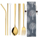 Golden Stainless Steel Spoon Fork Straw Set Chopsticks with Cleaning Brush