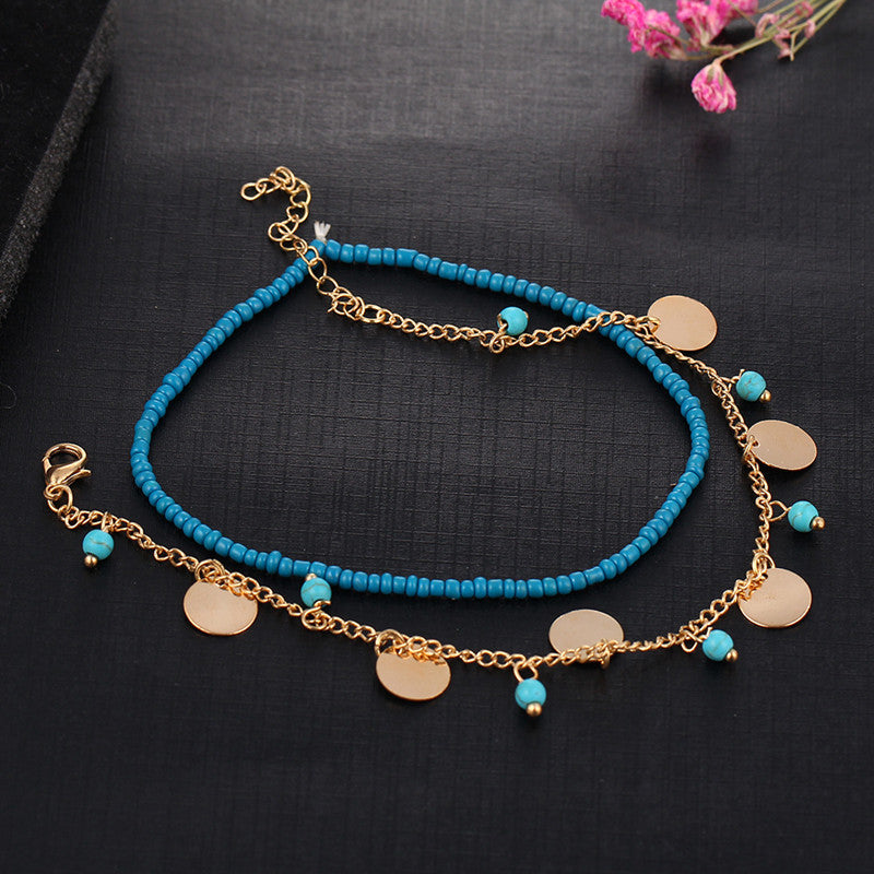 Bohemian Women's Anklet Summer Beach Multilayer Blue Bead Coin Pendant Ankle Bracelets Ring