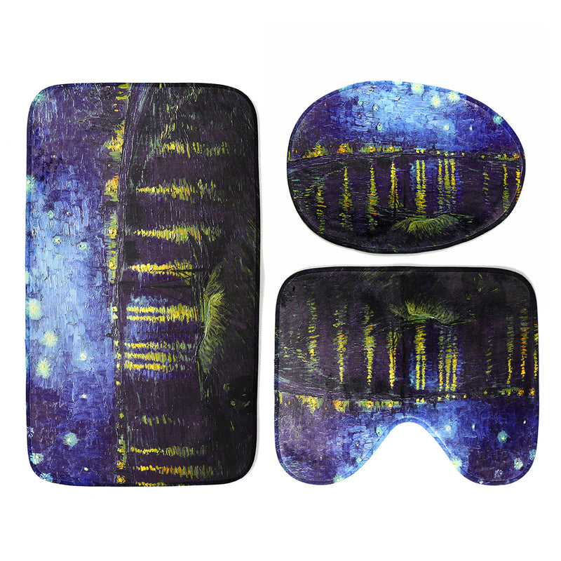 180x180cm Rhone River Night Bathroom Shower Curtains Lid Toilet Cover Mat Rug Set