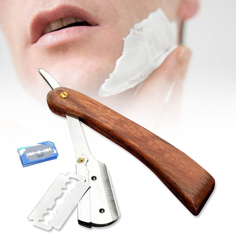 Rosewood Handle Straight Edge Barber Razor Folding Shaving Cutter with 10 Blades