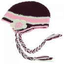 Brown Crochet Kids Children Girls Flower Beanie Hat Cap With Earflaps And Braids TM0078 Handmade 70% Wool for 7-12 Yrs