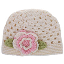 Beige Crochet Kids Children Girls Flower Beanie Hat Cap Handmade 70% Wool for 0-2 Yrs