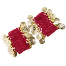 1 Pair of Belly Dance Arm Cuff 18 Artificial Golden Coins Charms Wrist Bracelets for Women Girls Belly Dancer Hand Decor Ornaments Red