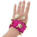 1 Pair of Belly Dance Arm Cuff 18 Artificial Golden Coins Charms Wrist Bracelets for Women Girls Belly Dancer Hand Decor Ornaments Pink