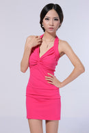 Women Girls Ladies Fashionable V Neck Backless Twist Knot Mini Fit Dress For Evening Party Club Cocktail Shocking Pink
