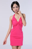 Women Girls Ladies Fashionable V Neck Backless Twist Knot Mini Fit Dress For Evening Party Club Cocktail Shocking Pink