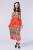 Women Bohemian Style Crossover V Neckline Empire Waist Flattering Adjustable Shoulder Straps Dress Wedding Birthday Party Accessory Red