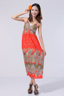 Women Bohemian Style Crossover V Neckline Empire Waist Flattering Adjustable Shoulder Straps Dress Wedding Birthday Party Accessory Red