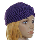 Women Girls Ladies Fashionable Polyester Pleated Pre Tied Turban Head Wrap Cap Twist Hat Purple
