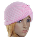 Women Girls Ladies Fashionable Polyester Pleated Pre Tied Turban Head Wrap Cap Twist Hat Pink