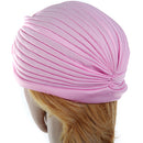 Women Girls Ladies Fashionable Polyester Pleated Pre Tied Turban Head Wrap Cap Twist Hat Pink