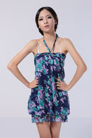 Fashionable Strapless Lined Chiffon Floral Pattern Print Charms Party Dress Lantern Dress For Women Girls Blue And Green