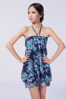 Fashionable Strapless Lined Chiffon Floral Pattern Print Charms Party Dress Lantern Dress For Women Girls Blue And Green