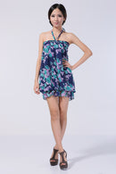 Fashionable Strapless Lined Chiffon Floral Pattern Print Charms Party Dress Lantern Dress For Women Girls Blue And Green