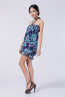 Fashionable Strapless Lined Chiffon Floral Pattern Print Charms Party Dress Lantern Dress For Women Girls Blue And Green