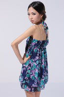 Fashionable Strapless Lined Chiffon Floral Pattern Print Charms Party Dress Lantern Dress For Women Girls Blue And Green