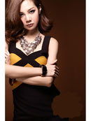 Women Girls Fashion Sleeveless Zippered Slim Fit Mini Dress Wedding Party Dating Wear Clothing Outfit Black + Yellow Free Size
