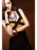 Women Girls Fashion Sleeveless Zippered Slim Fit Mini Dress Wedding Party Dating Wear Clothing Outfit Black + Yellow Free Size