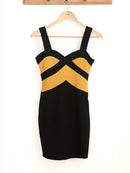 Women Girls Fashion Sleeveless Zippered Slim Fit Mini Dress Wedding Party Dating Wear Clothing Outfit Black + Yellow Free Size