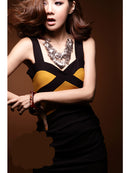 Women Girls Fashion Sleeveless Zippered Slim Fit Mini Dress Wedding Party Dating Wear Clothing Outfit Black + Yellow Free Size