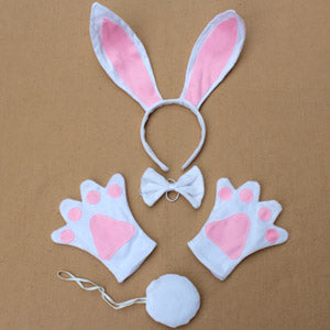 1 Set of Rabbit Cosplay Christmas Halloween Costume Outfit Headband Gloves BowTie Tail for Kids Children Party Props Fun Pink+White