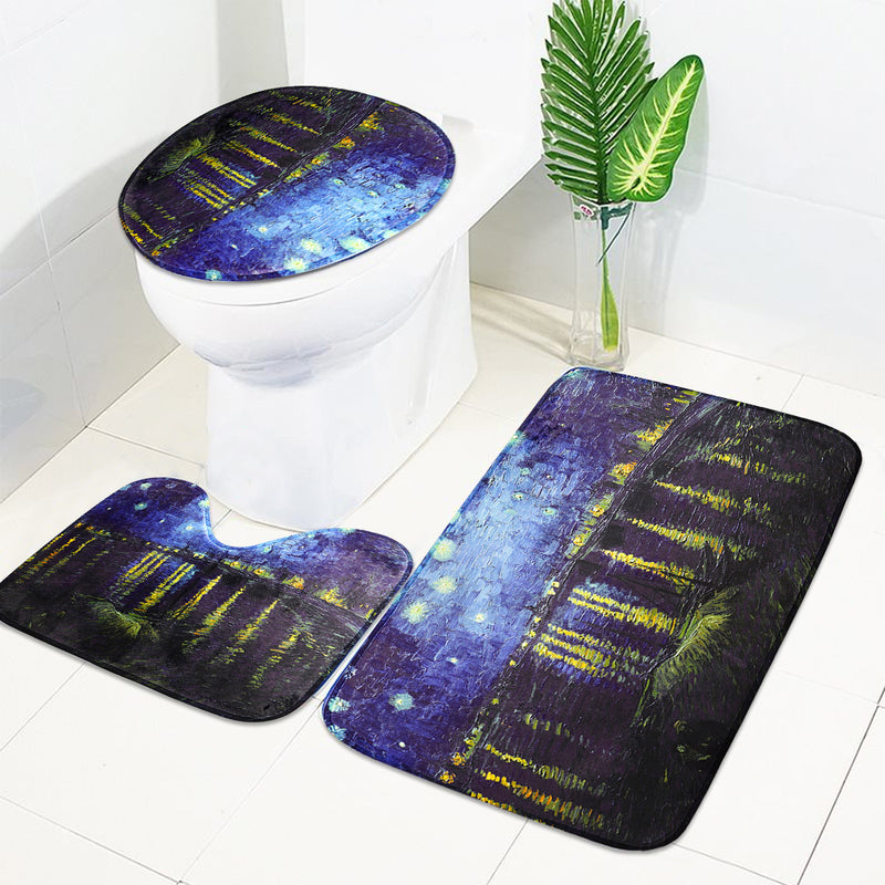180x180cm Rhone River Night Bathroom Shower Curtains Lid Toilet Cover Mat Rug Set