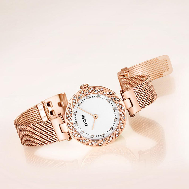 DOM G-1279 Crystal Casual Style Ladies Wrist Watch Mesh Steel Band Quartz Watch