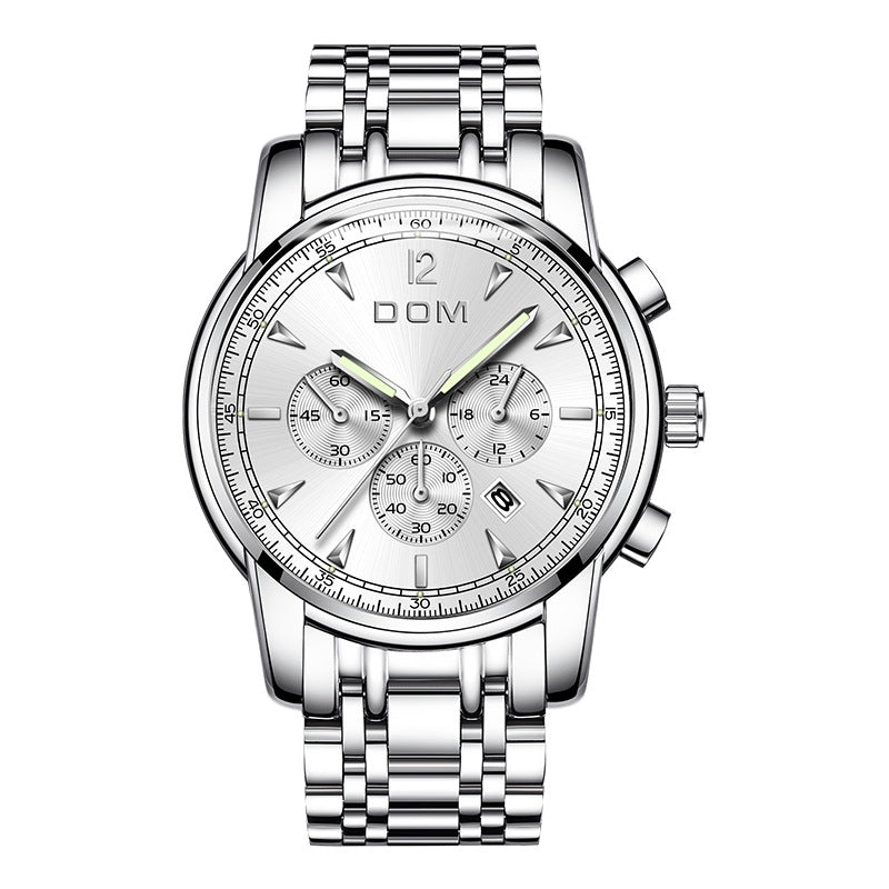 DOM 75PE Fashion Men Watch Chronograph Luminous Date Display Stainless Steel Strap Quartz Watch