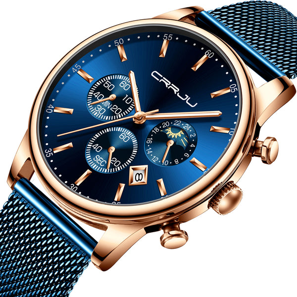 CRRJU 2266 Fashion Full Steel Mesh Calendar Chronograph 24hours Men Quartz Watch