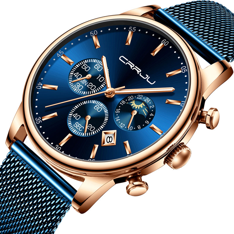 CRRJU 2266 Fashion Full Steel Mesh Calendar Chronograph 24hours Men Quartz Watch