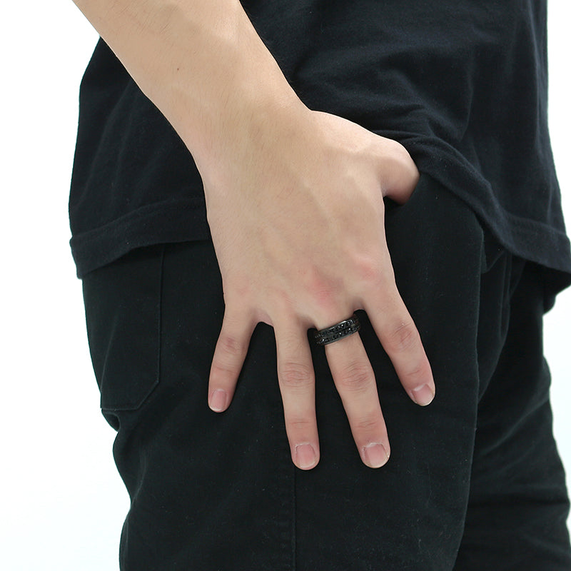 8mm Titanium Steel Men Ring Black Double Rhinestone Men Jewelry