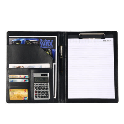 Model C Business Office Information Holder With 12-bit Calculator And Notebook Board Clip A4 Leather Manager Clip Folder Black