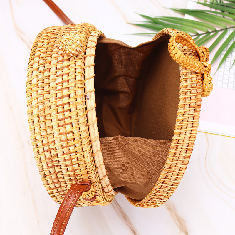 Women's Beach Handwoven Round Rattan Bag Straw Pattern Handbags Crossbody Tote