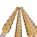 Drillpro 4pcs HSS Titanium Coated Step Drill Bit with Automatic Center Pin Punch 3-12/4-12/4-20mm Step Drill