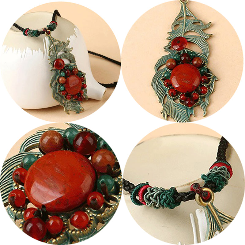 Retro Leaves Long Style Necklace Alloy Ikeramic Sweater Necklace For Women