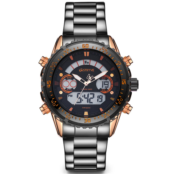 STRYVE S8020 LCD 5ATM Waterproof Week Display Full Steel Fashion Men Dual Display Digital Watch