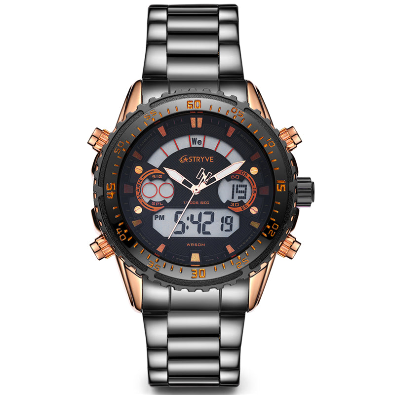STRYVE S8020 LCD 5ATM Waterproof Week Display Full Steel Fashion Men Dual Display Digital Watch