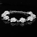 Women Girls Wedding Prom Party Fashionable Silver Plated Alloy Rose Flower Cuff Bracelet Wristband Adjustable Hand Jewelry Gift