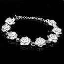 Women Girls Wedding Prom Party Fashionable Silver Plated Alloy Rose Flower Cuff Bracelet Wristband Adjustable Hand Jewelry Gift