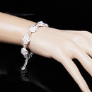 Women Girls Wedding Prom Party Fashionable Silver Plated Alloy Rose Flower Cuff Bracelet Wristband Adjustable Hand Jewelry Gift