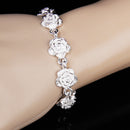 Women Girls Wedding Prom Party Fashionable Silver Plated Alloy Rose Flower Cuff Bracelet Wristband Adjustable Hand Jewelry Gift
