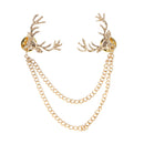 Charming Deer Head Elk Tips Double Chains Tassels Collar Pins Brooch Gold Plated