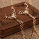 Charming Deer Head Elk Tips Double Chains Tassels Collar Pins Brooch Gold Plated