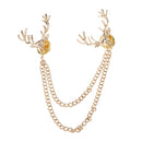 Charming Deer Head Elk Tips Double Chains Tassels Collar Pins Brooch Gold Plated