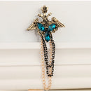 Elegant Tassel Bouquet Crown Wing Brooch Pin Shirt Collar Clip Wedding Engagement Birthday Party Fashion Accessory Antique Bronze Blue