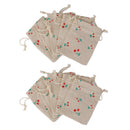 10 x Green Cherry Linen Jute Sack Jewelry Pouch Drawstring Gift Bags Favor