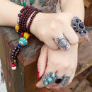 1pc Boho Antique Silver Engraving Flower Pattern Wide Ring 18mm