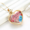 Glass Heart Shape Floating Locket Dried Flower Pendant Golden Chain Necklace