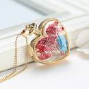 Glass Heart Shape Floating Locket Dried Flower Pendant Golden Chain Necklace